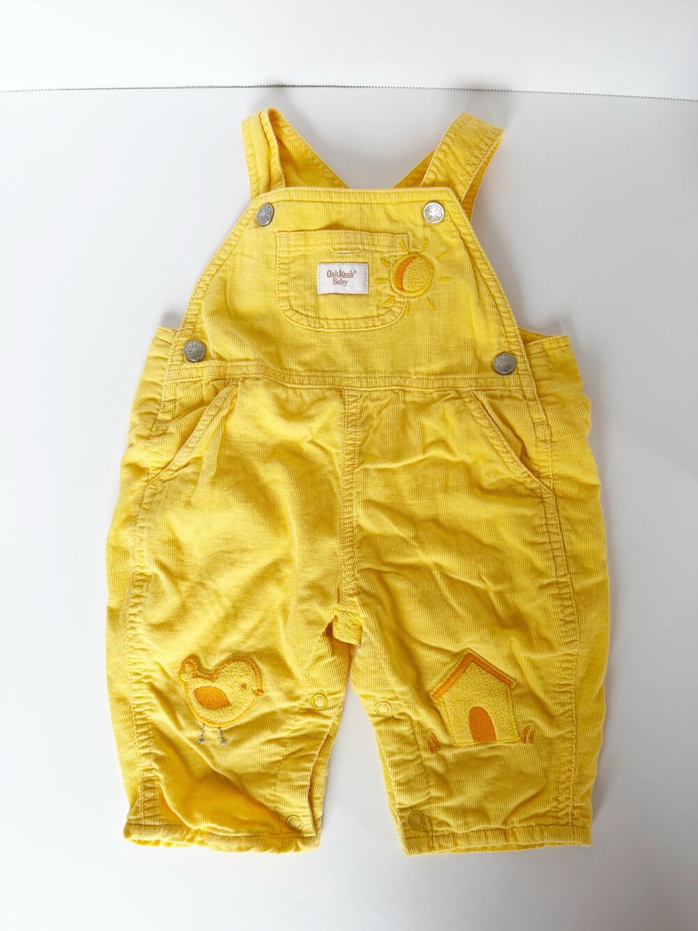 Vtg OshKosh Baby Yellow Corduroy Overalls Sun Chick Applique Baby Size 0/3